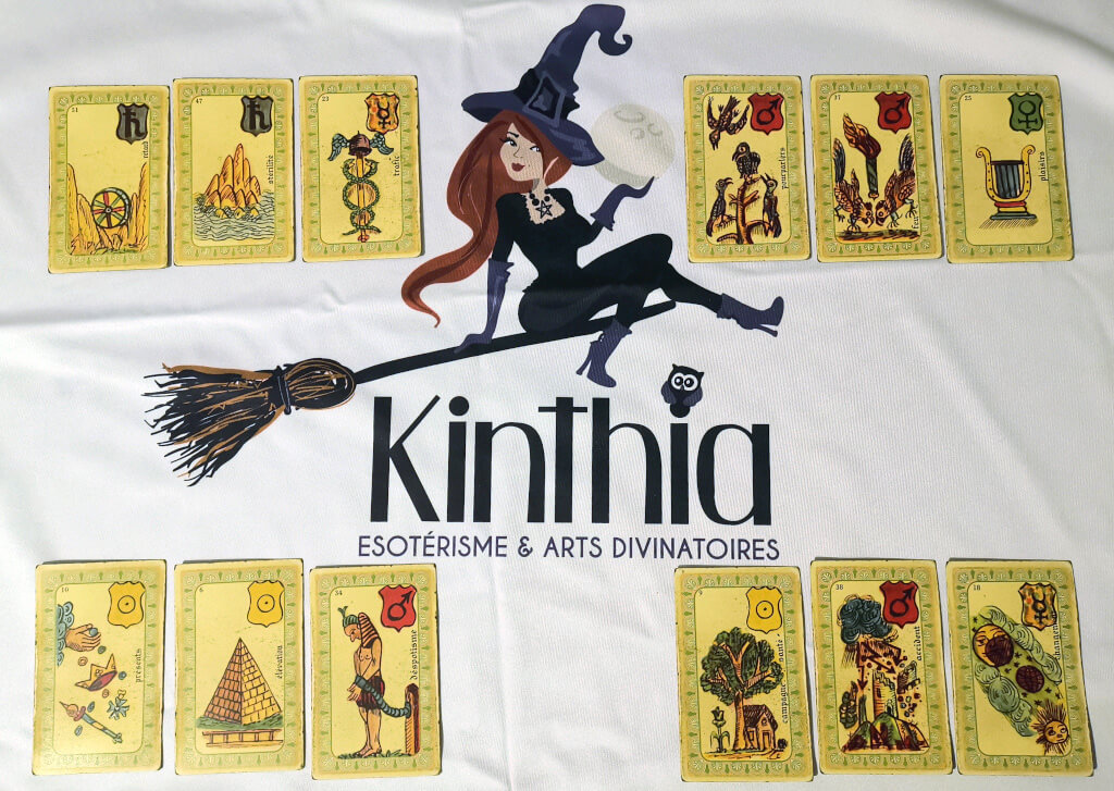 Twelve oracle cards for an astrology wheel spread, laid out around the Kinthia logo of a witch on a broomstick