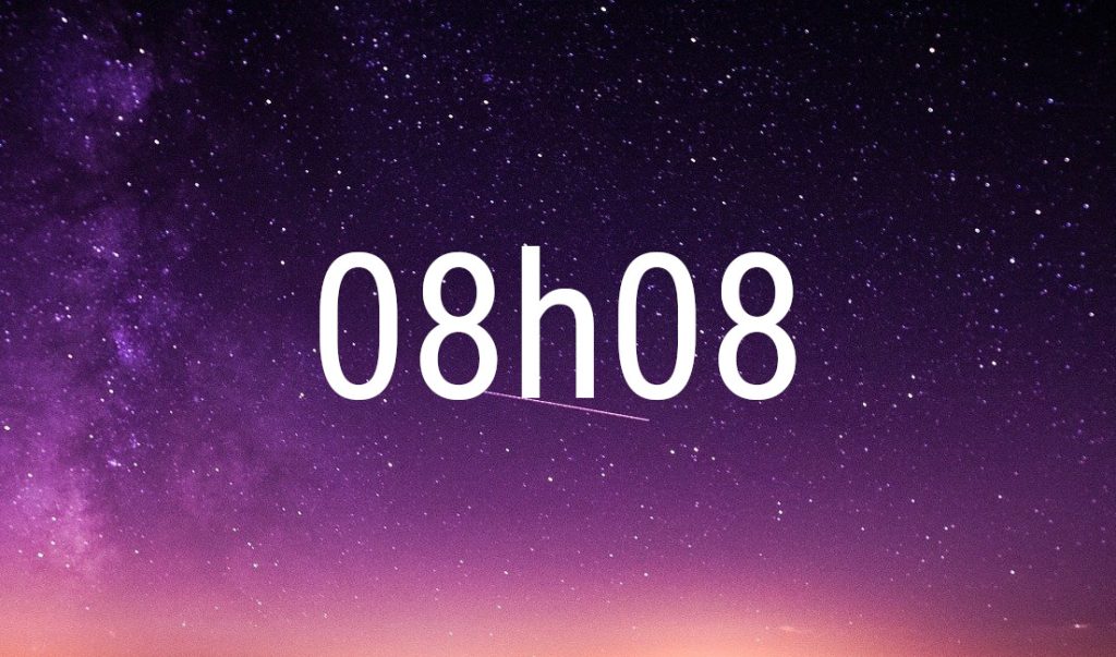 08:08 angel number in white digits on a starry purple night sky