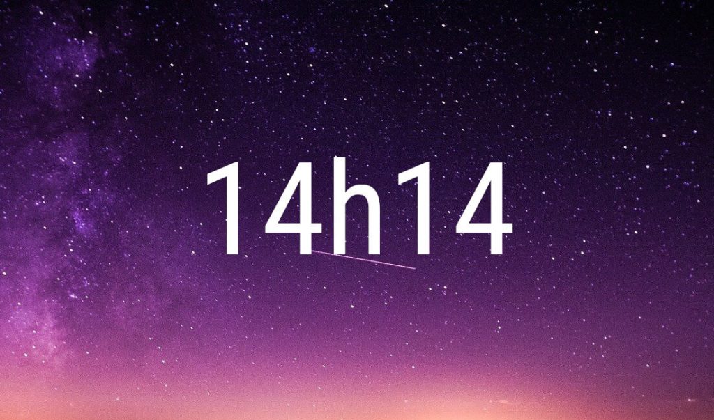 14:14 angel number in white digits on a starry purple night sky