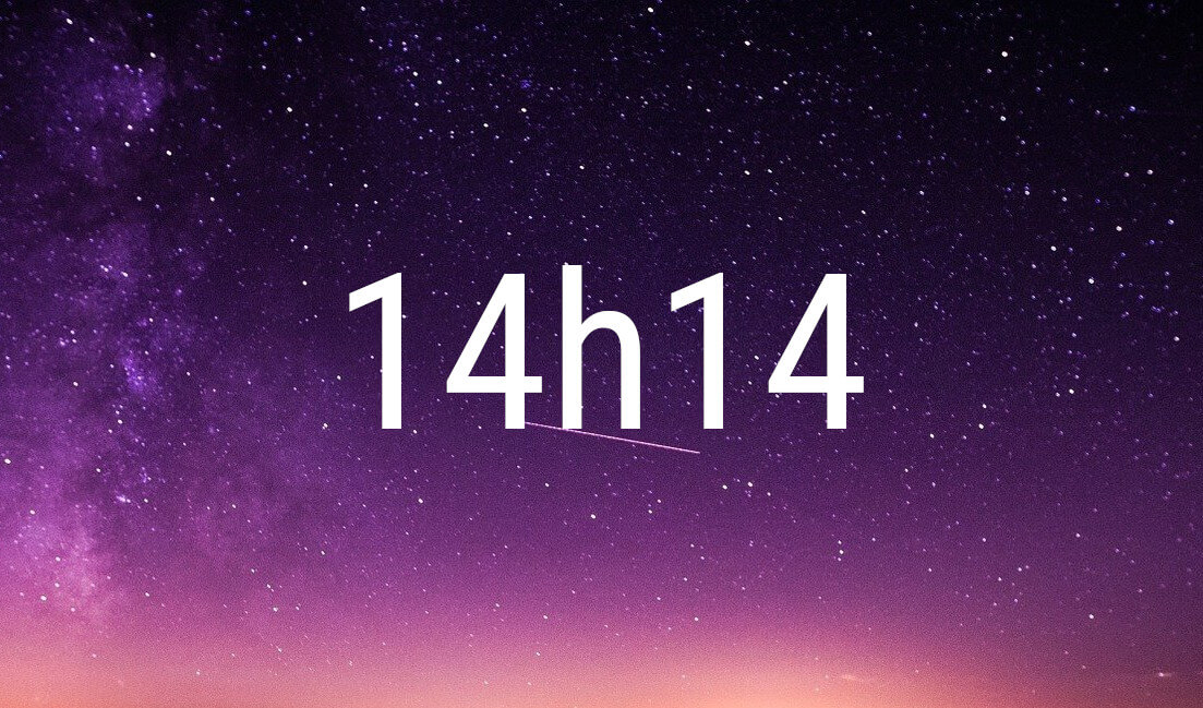 14:14 angel number in white digits on a starry purple night sky