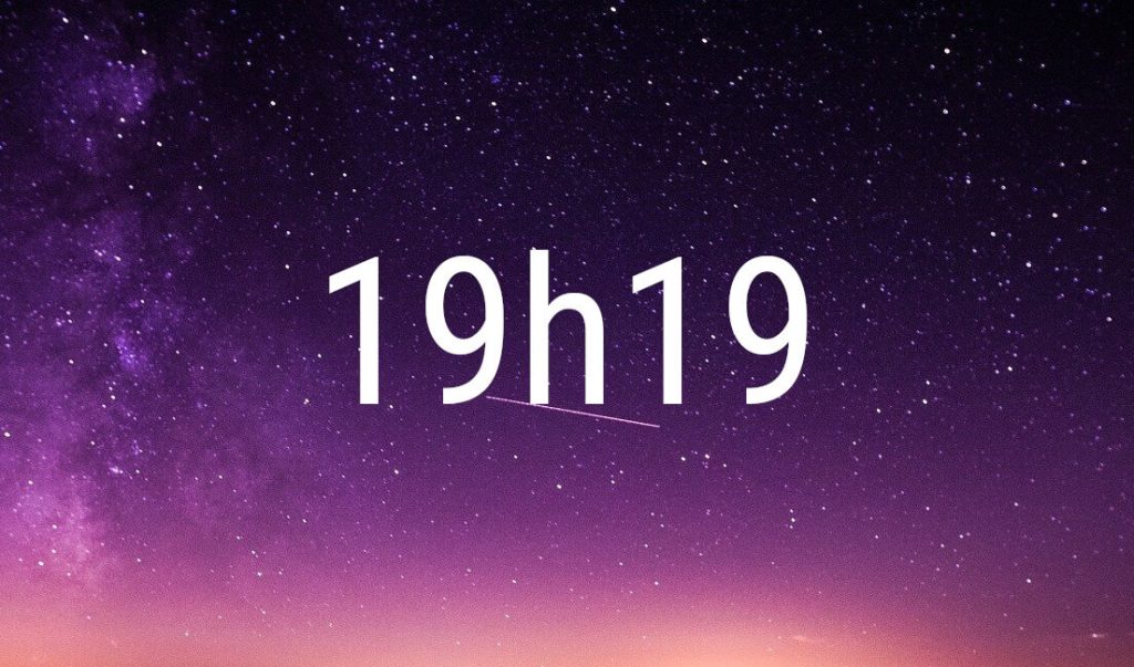 19:19 angel number in white digits on a starry purple night sky