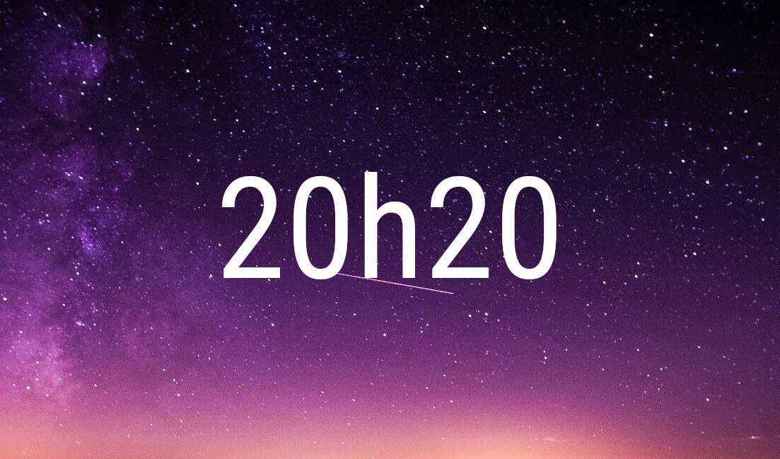 20:20 angel number in white digits on a starry purple night sky