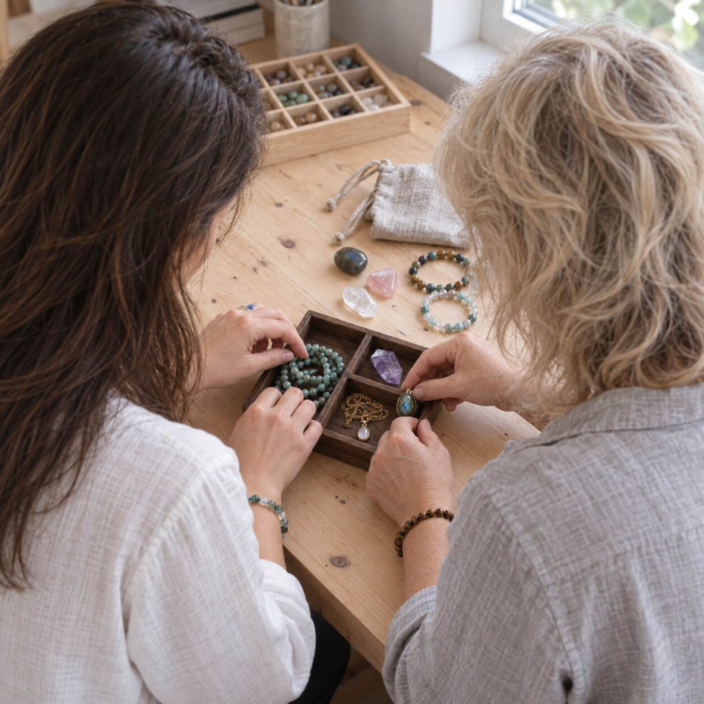 The workshop: the two women put together a box of jewelry and stones on a light wooden table.