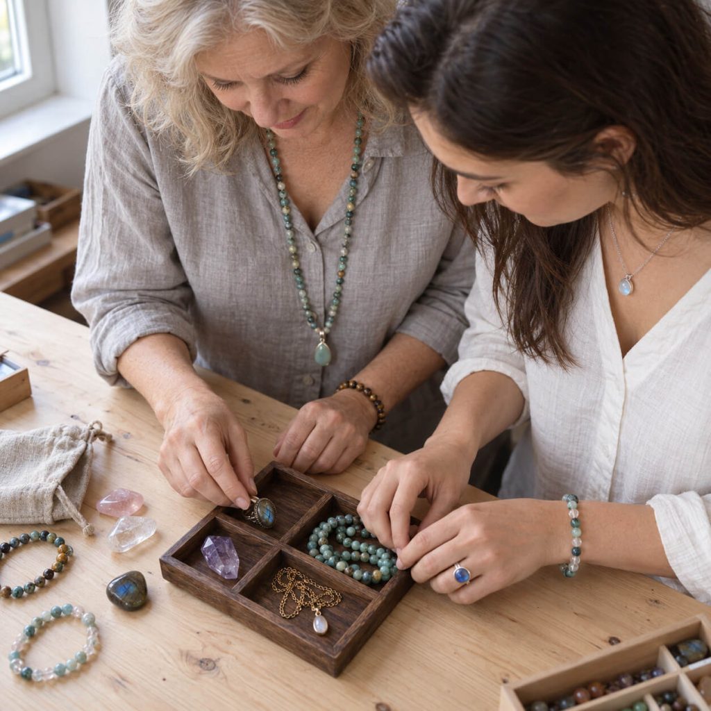 Deux femmes choisissent ensemble des bijoux en pierres naturelles dans un casier en bois