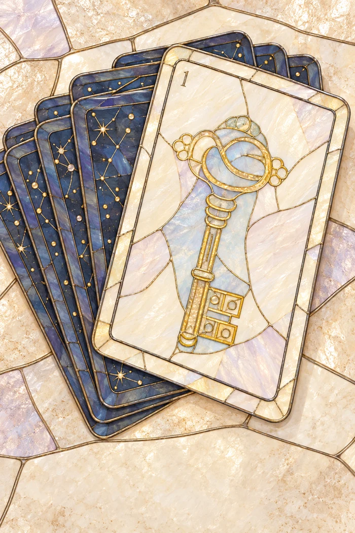 Divination cards and a golden key in Kinthia's pastel stained glass