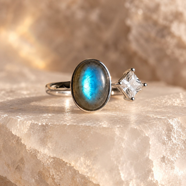 Bague toi et moi en labradorite posée de face, ovale gris et bleu à côté d’un zircon carré tenu par quatre griffes.