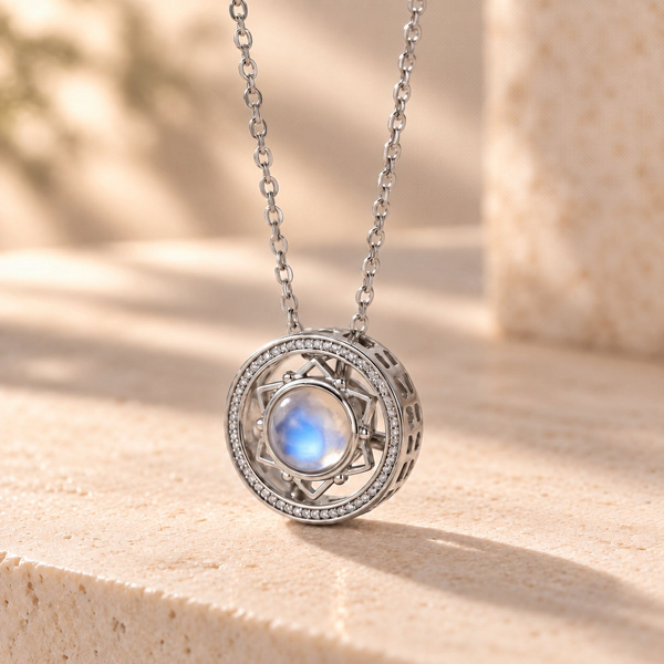 Pendentif rotatif en pierre de lune suspendu à sa chaîne, vu de trois quarts, étoile à huit branches dans un cercle.