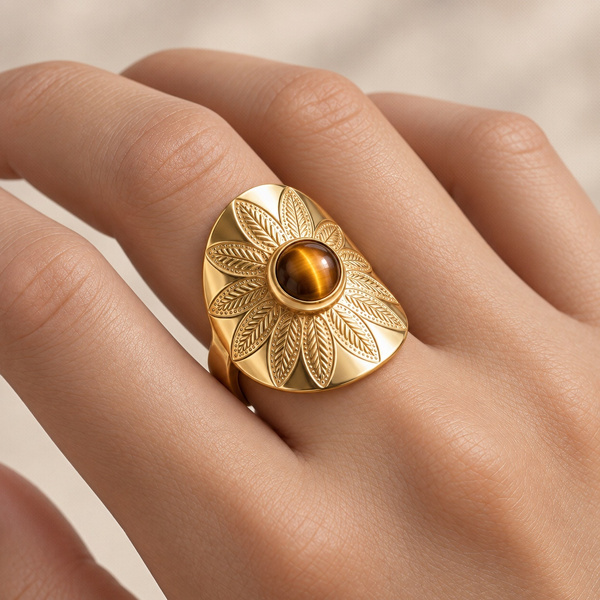 Bague mandala en œil de tigre portée au doigt, vue de près, la fleur gravée bien visible.