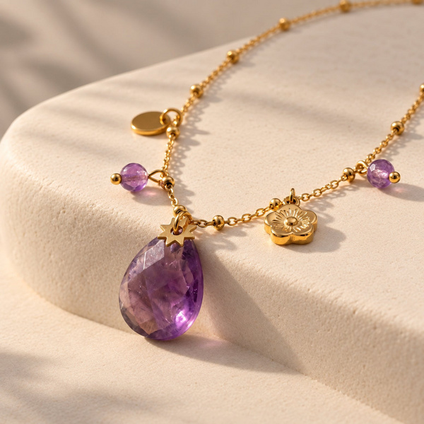 Anthousa, collier à breloques en améthyste posé, goutte violette facettée entre une fleur et une médaille dorées.