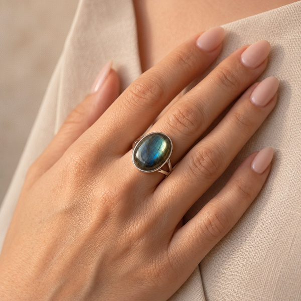 Bague cabochon en labradorite portée, la main posée à plat contre la poitrine.