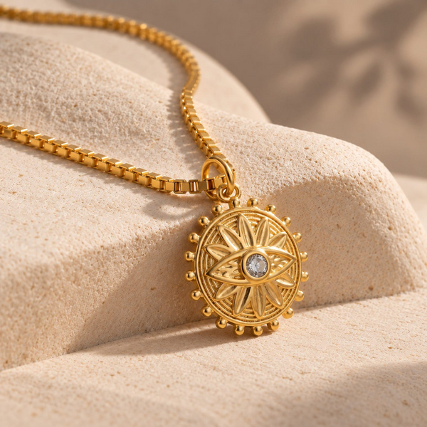 Ocellina, pendentif œil et soleil en alliage doré posé, médaille ronde à l’œil en amande au cœur d’une fleur.