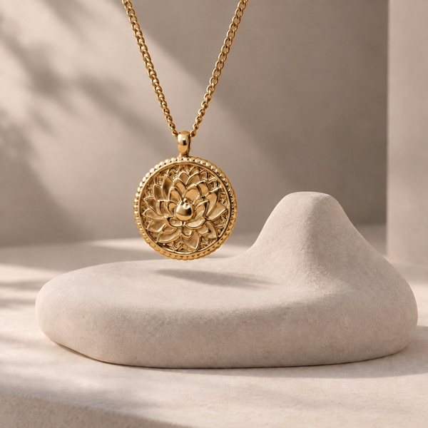 Donata, collier médaille lotus doré suspendu, lotus en relief dans un cadre au bord perlé.