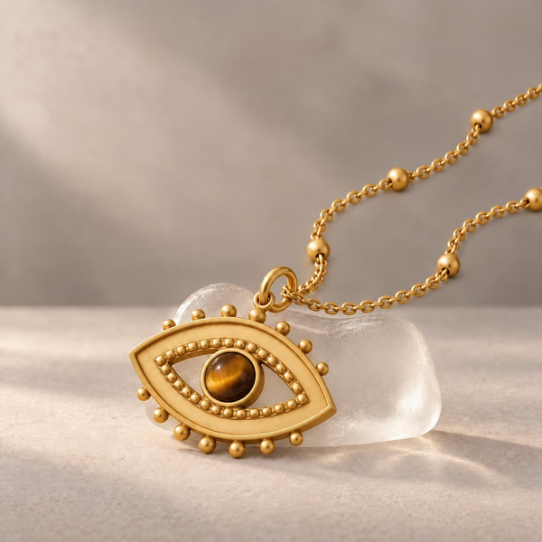 Collier pendentif œil en œil de tigre posé de trois quarts, chaîne dorée ponctuée de petites boules.