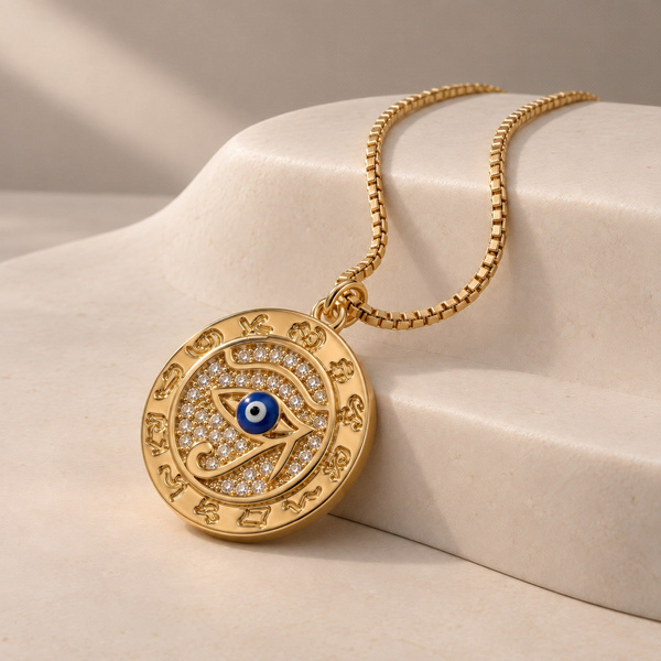 Isidora, collier œil d’Horus en acier inoxydable doré posé, médaille à pupille bleue sur fond de pierres claires.