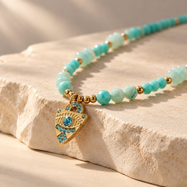 Damaris, collier œil en amazonite posé, pendentif triangle doré à l’œil bleu au bout d’un rang de perles.