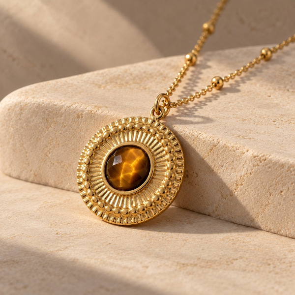 Severa, pendentif médaille en œil de tigre posé, pierre facettée au milieu d’un disque doré strié et perlé.