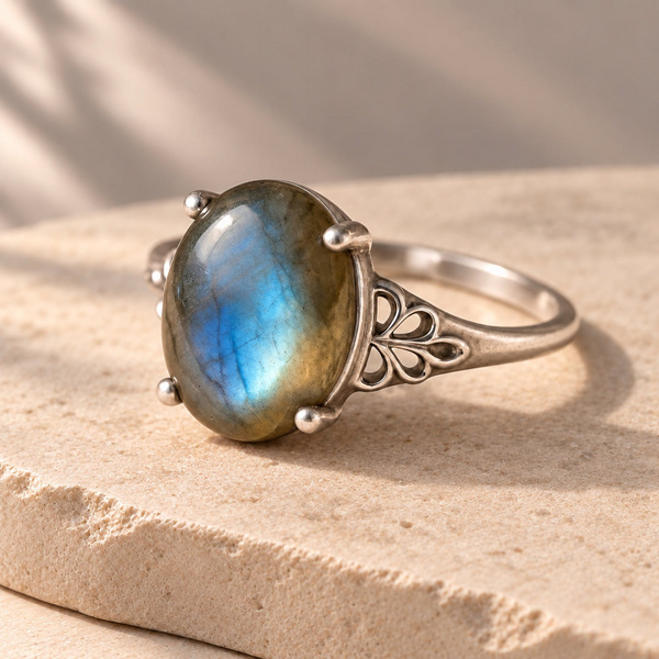 Myrtis, bague ajustable en labradorite posée, ovale gris et bleu pris dans quatre griffes.