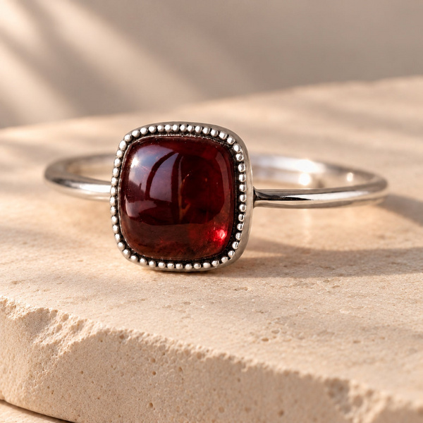 Rufina, bague perlée en grenat vue de face, carré rouge sombre entouré d’un rang de petites perles argentées.
