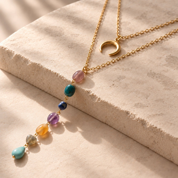 Collier double rang 7 chakras posé de trois quarts, croissant de lune et descente de pierres colorées.