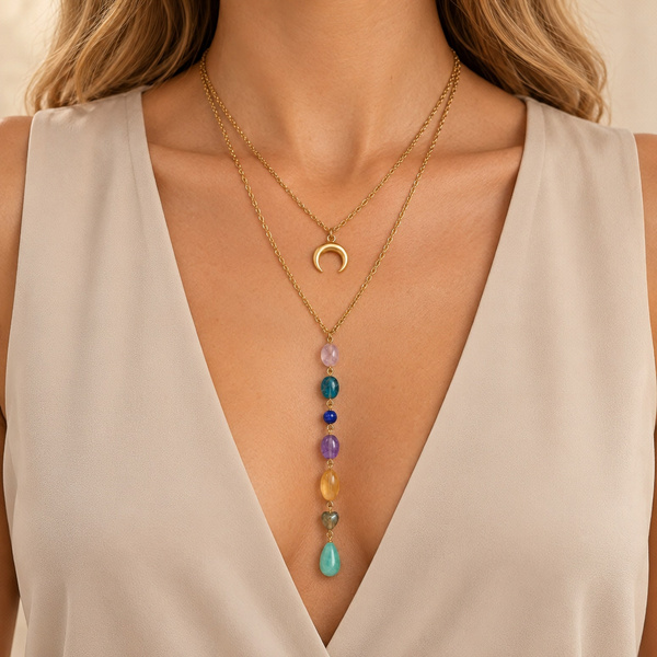 Collier double rang 7 chakras porté de face sur un décolleté en V.