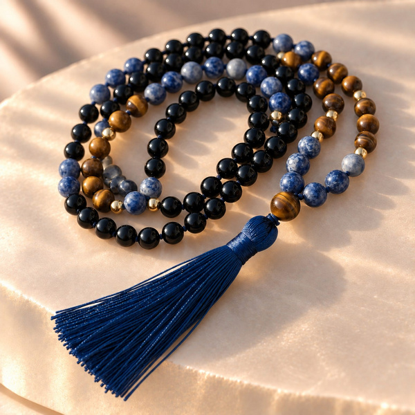 Prisca, mala en sodalite, œil de tigre et onyx noir posé en spirale, avec sa perle fauve et son pompon bleu.