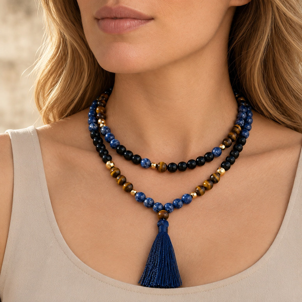 Mala en sodalite, œil de tigre et onyx noir porté en deux tours autour du cou.