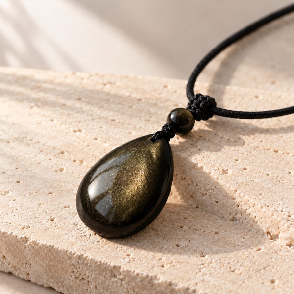 Aquila, pendentif mixte en obsidienne dorée posé, goutte noire polie sous une perle ronde et un nœud tressé.