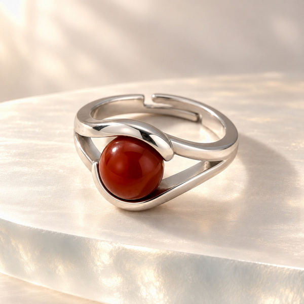 Marcella, bague perle en agate rouge posée, la perle prise entre deux branches d’acier argenté.