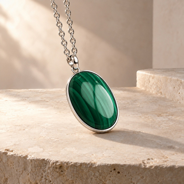Fabia, pendentif mixte en malachite posé, ovale vert rubané dans un serti argenté, sur une grosse chaîne.