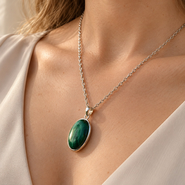 Pendentif mixte en malachite porté dans un décolleté en V, sur une chaîne fine.