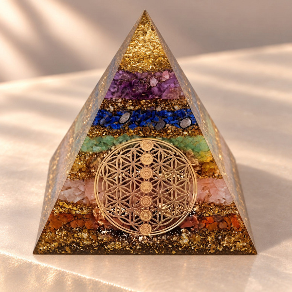 Pyrrha, orgonite pyramide 7 chakras vue de face, couches de pierres colorées et disque fleur de vie doré.