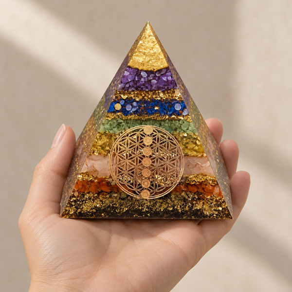 Orgonite pyramide 7 chakras tenue dans la paume d’une main.