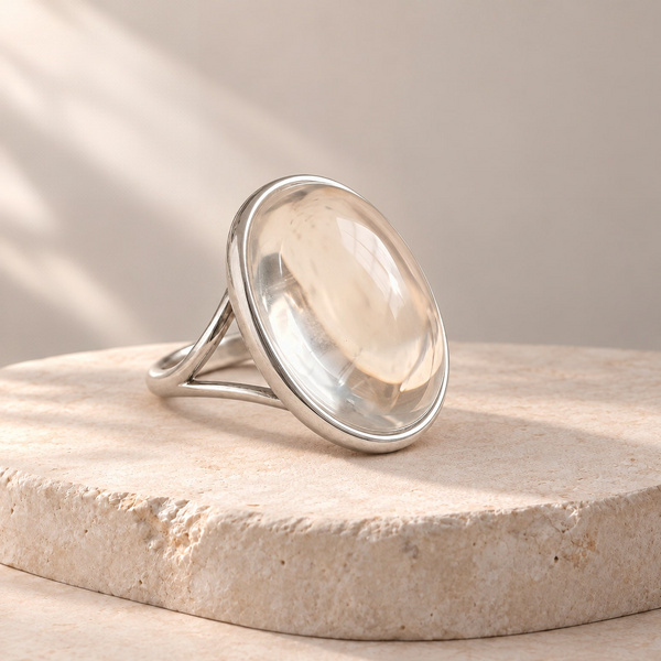 Chionia, bague cabochon en cristal de roche de trois quarts, ovale transparent dans un serti argenté.